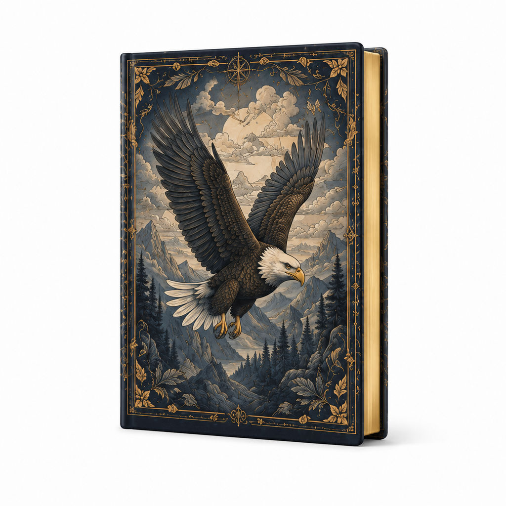 Cuaderno tapa dura con águila heráldica dorada sobre cielo azul, vista frontal