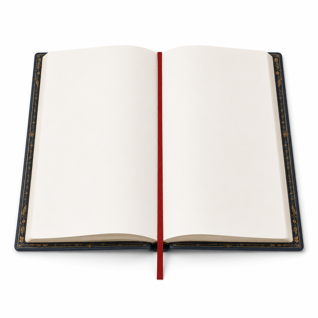 Cuaderno abierto mostrando 192 páginas rayadas y cinta marcadora roja