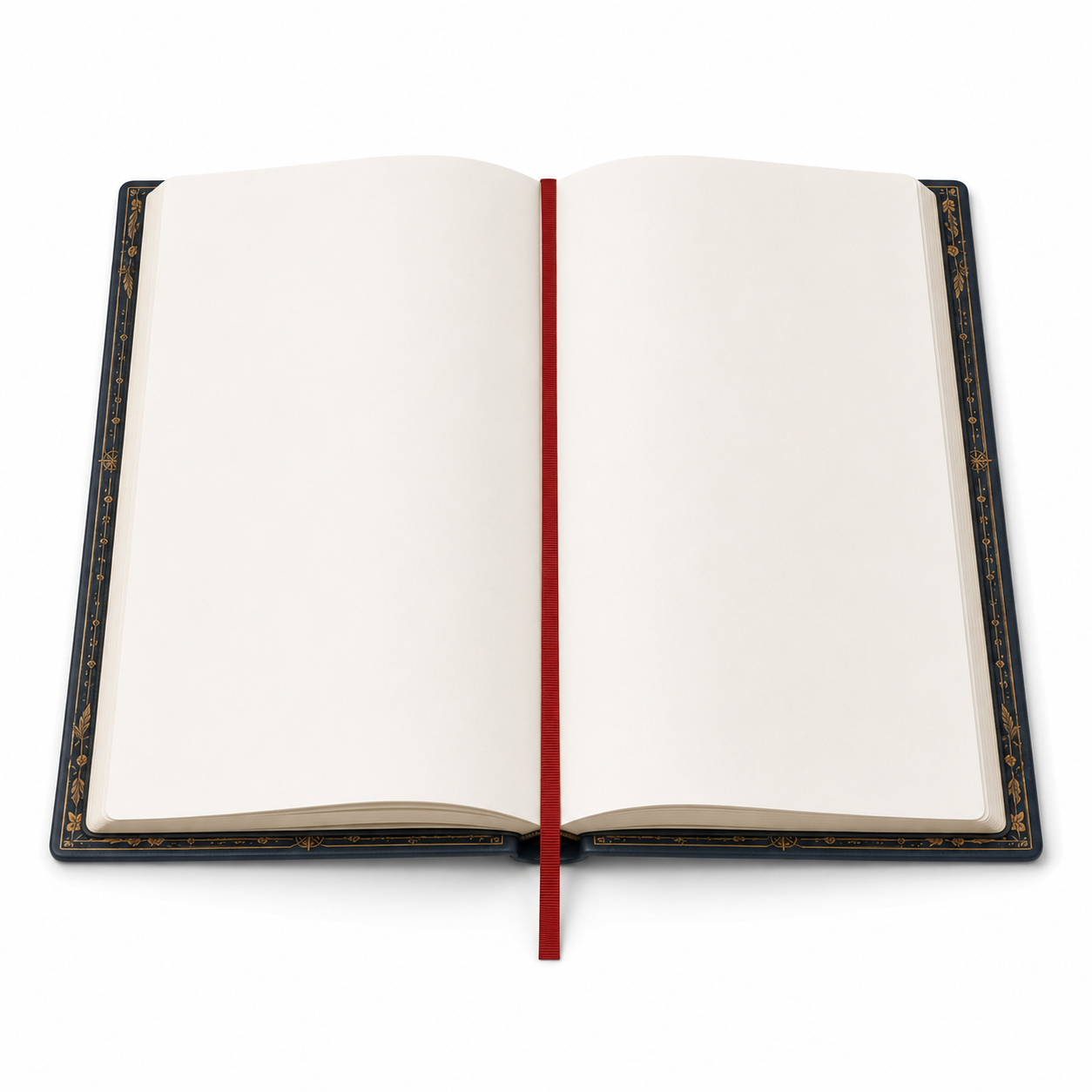 Cuaderno abierto mostrando 192 páginas rayadas y cinta marcadora roja
