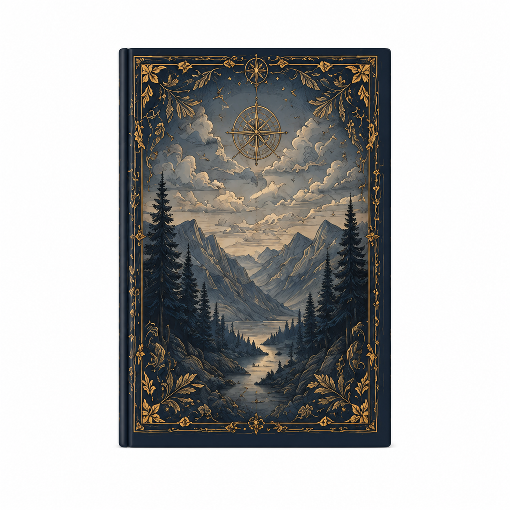 Vista trasera del cuaderno con paisaje montañoso ornamental