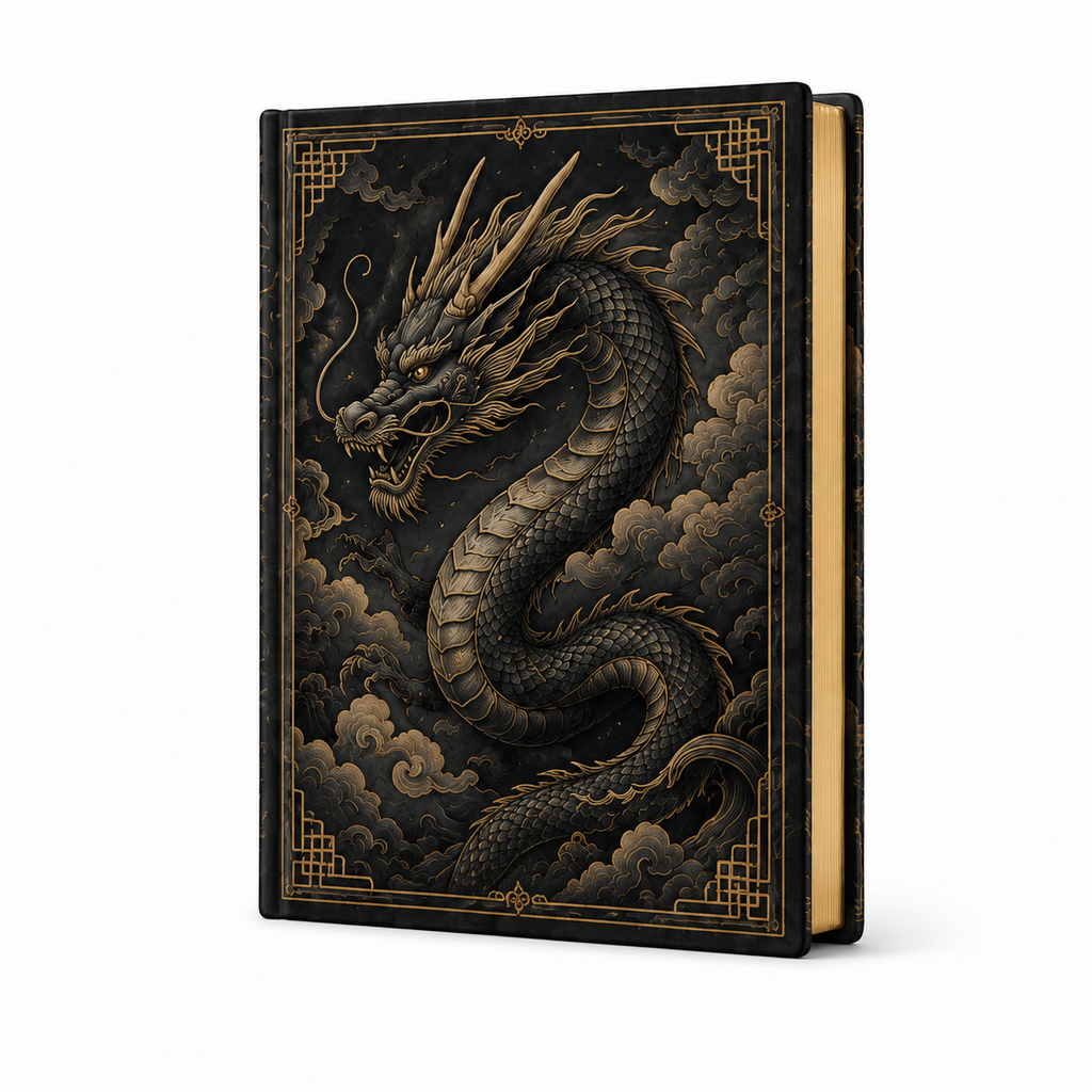 Cuaderno tapa dura con dragón imperial dorado sobre fondo negro, vista frontal