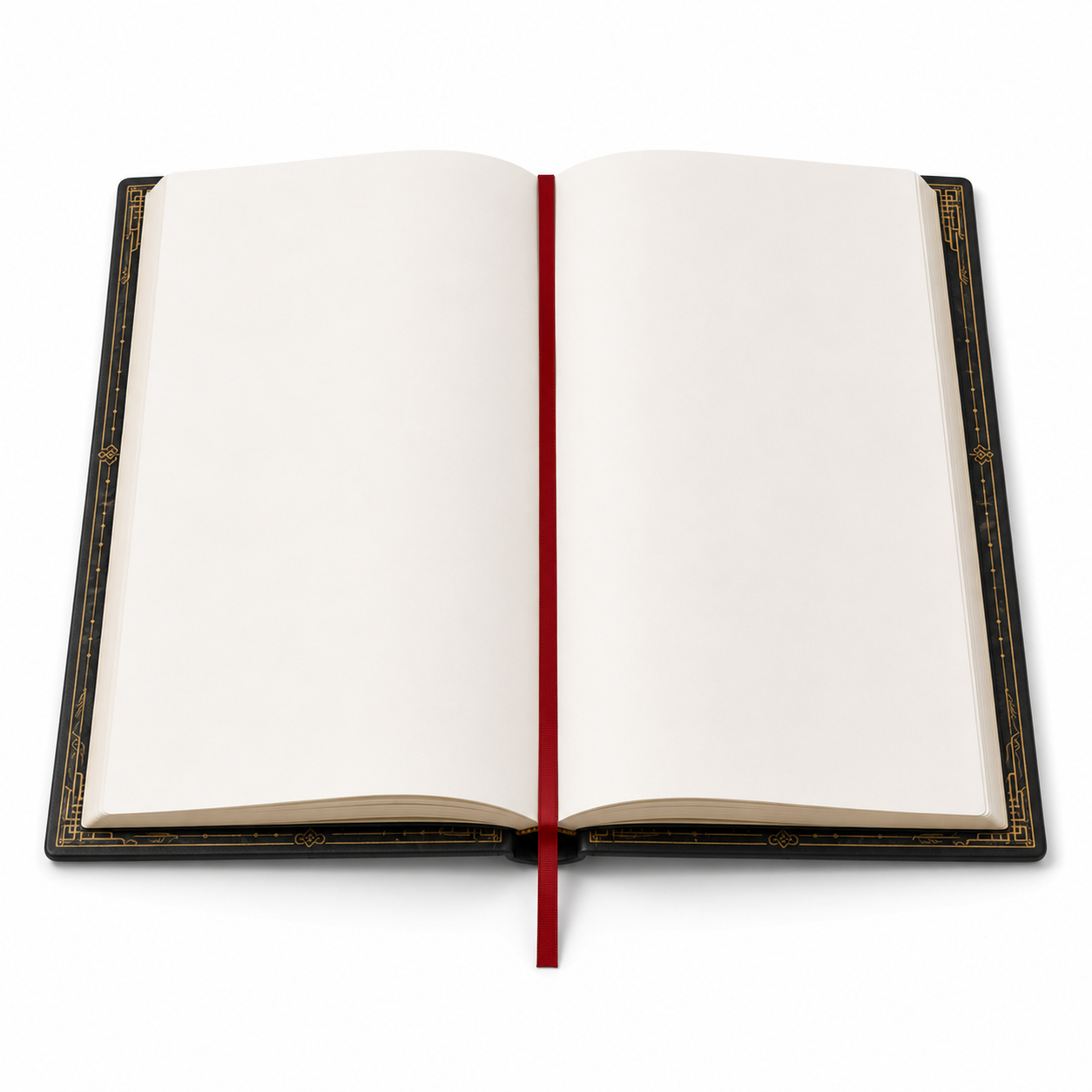Interior del cuaderno con páginas en blanco y cinta marcadora roja