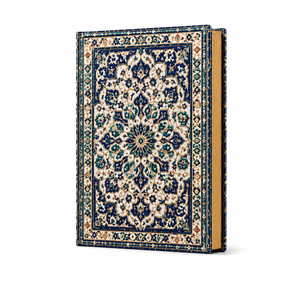 Cuaderno tapa blanda con cubierta de medallón persa azul y dorado, vista frontal
