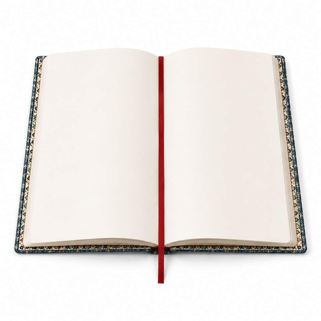 Interior del cuaderno con páginas en blanco y cinta marcadora roja