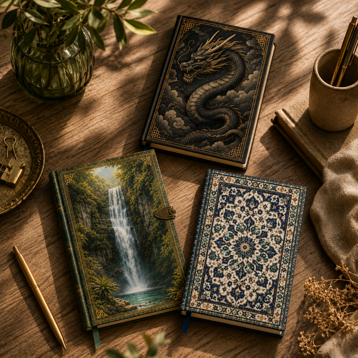 Tres cuadernos artísticos YALBERAIN —Dragón Imperial, Cascada Esmeralda y Mosaico Persa Azul— sobre escritorio de madera con pluma, llave dorada y flores secas