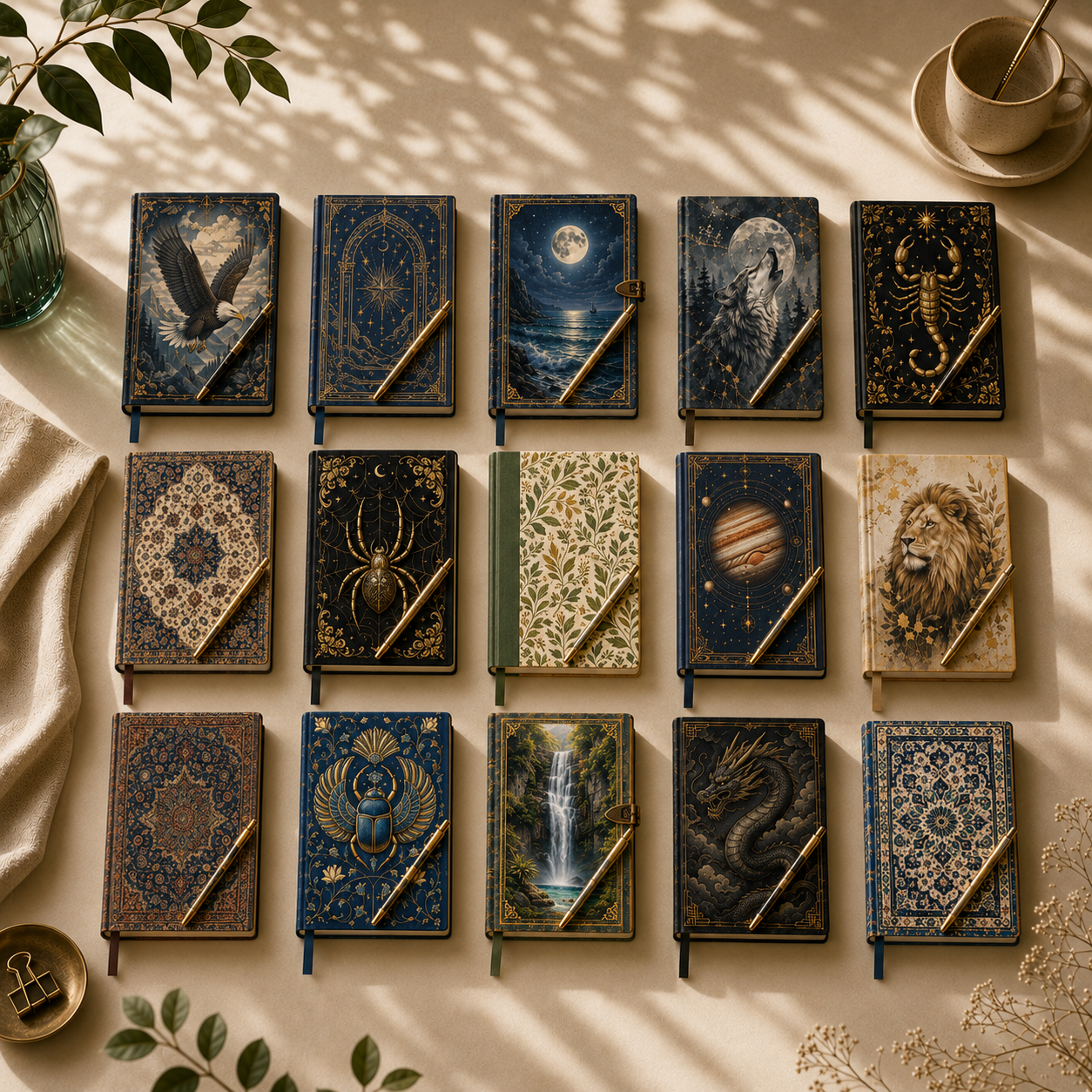 Colección completa de 15 cuadernos artísticos YALBERAIN dispuestos sobre lino natural junto a una taza de café, con diseños de animales, paisajes, motivos celestes y tapices persas
